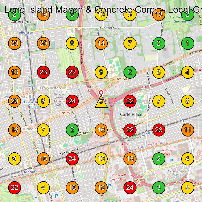 Long Island Mason & Concrete Corp. Concrete Contractor GeoGrid ranking map for Mineola NY