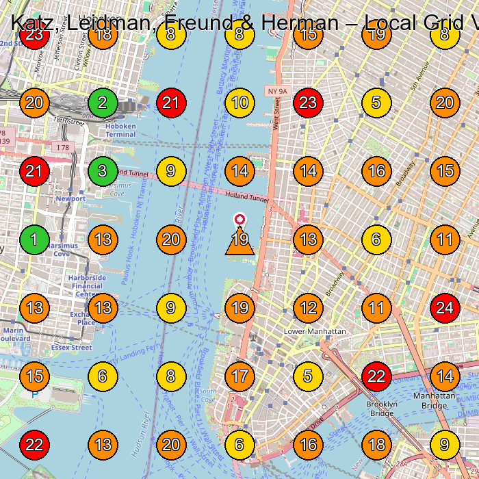 Katz, Leidman, Freund & Herman Personal Injury Attorney GeoGrid ranking map for New York NY