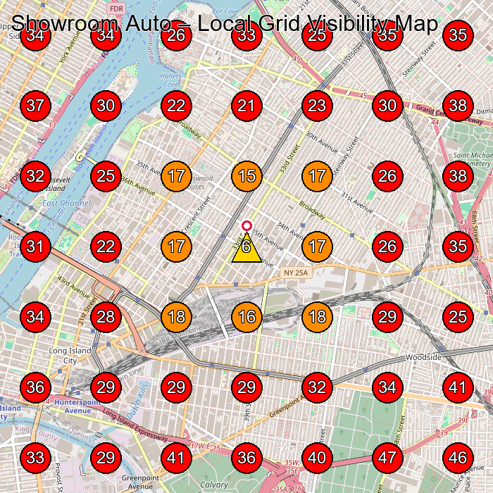 Showroom Auto GeoGrid visibility map for Chevrolet Dealer in Queens