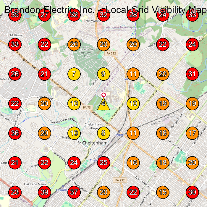 Brandon Electric, Inc. GeoGrid visibility map for Electrician in Southampton