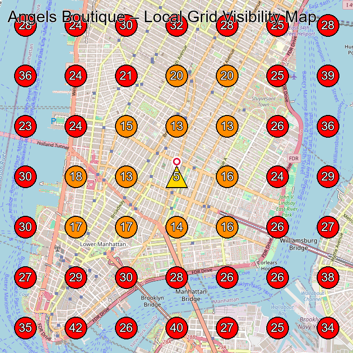 Angels Boutique GeoGrid visibility map for Tienda De Ropa in New York