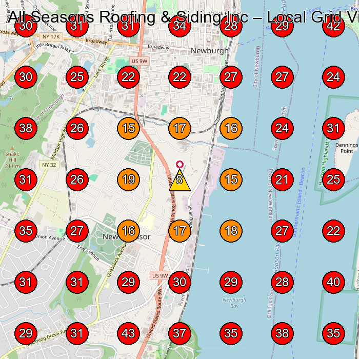 All Seasons Roofing & Siding Inc GeoGrid visibility map for Roofing Contractor in Newburgh