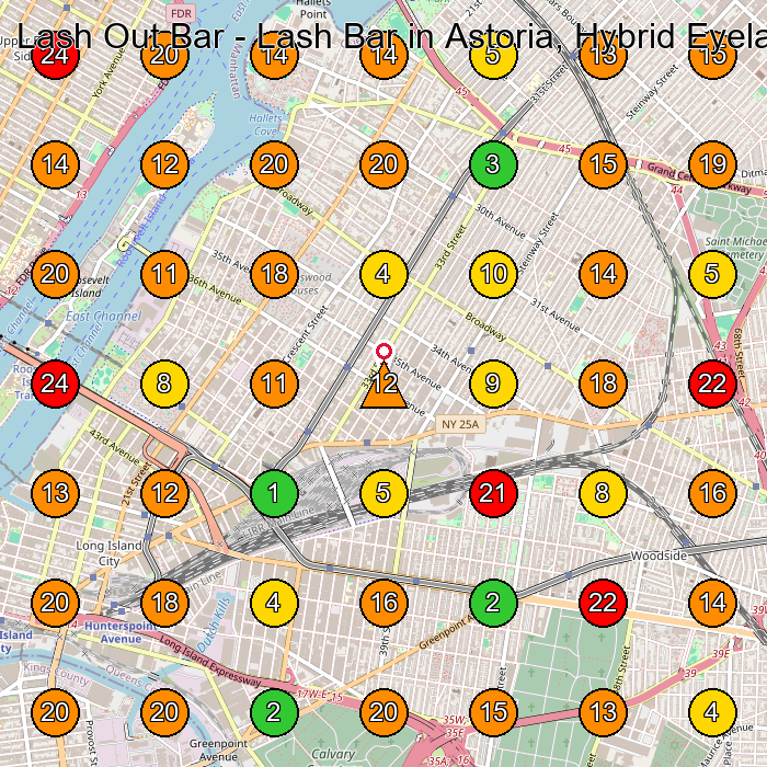 Lash Out Bar - Lash Bar in Astoria, Hybrid Eyelash Extensions, Classic Lashes, Mega Volume Eyelash, Lash Lift and Tint Beauty Salon GeoGrid ranking map for Queens NY