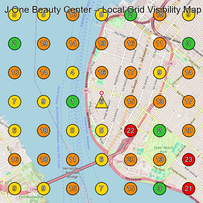 J One Beauty Center Beauty Salon GeoGrid ranking map for Brooklyn NY