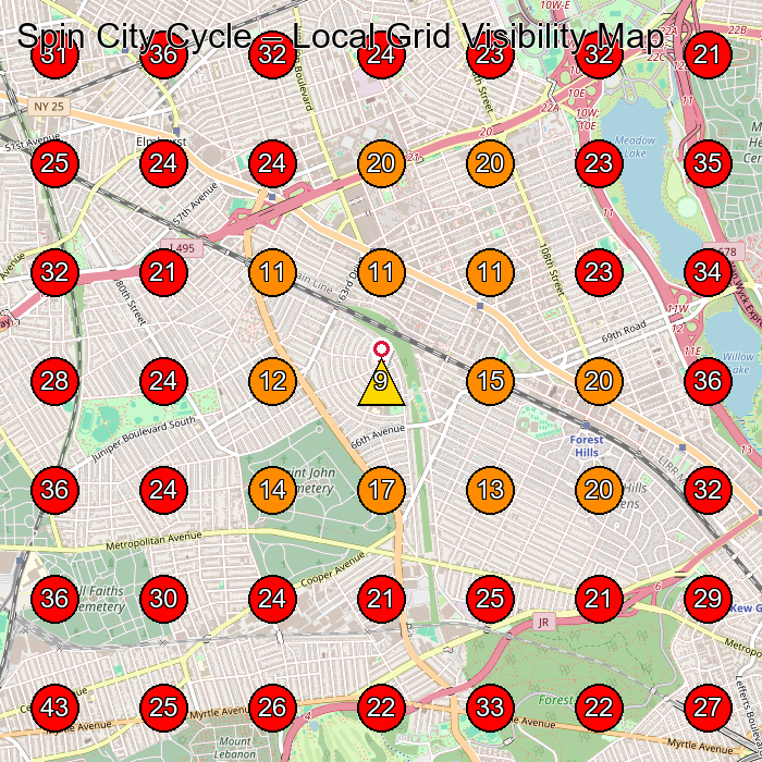 Spin City Cycle GeoGrid visibility map for Bicycle Store in Elmhurst