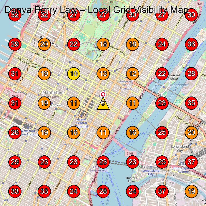 Danya Perry Law GeoGrid visibility map for Legal Services in New York