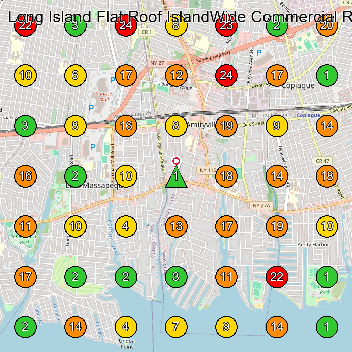 Long Island Flat Roof IslandWide Commercial Roofing Roofing Contractor GeoGrid ranking map for Amityville NY