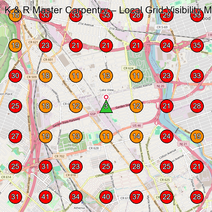 K & R Master Carpentry GeoGrid visibility map for Kitchen Remodeler in Saddle Brook