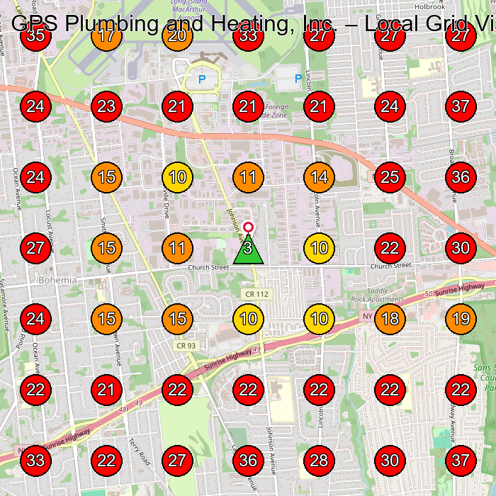 GPS Plumbing and Heating, Inc. GeoGrid visibility map for Plumber in Bohemia