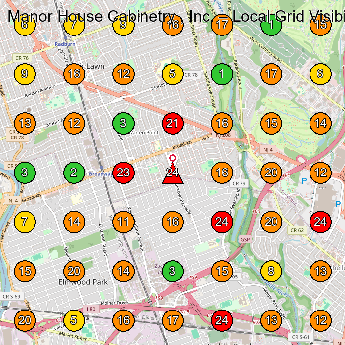 Manor House Cabinetry , Inc. Kitchen Remodeler GeoGrid ranking map for Saddle Brook NJ