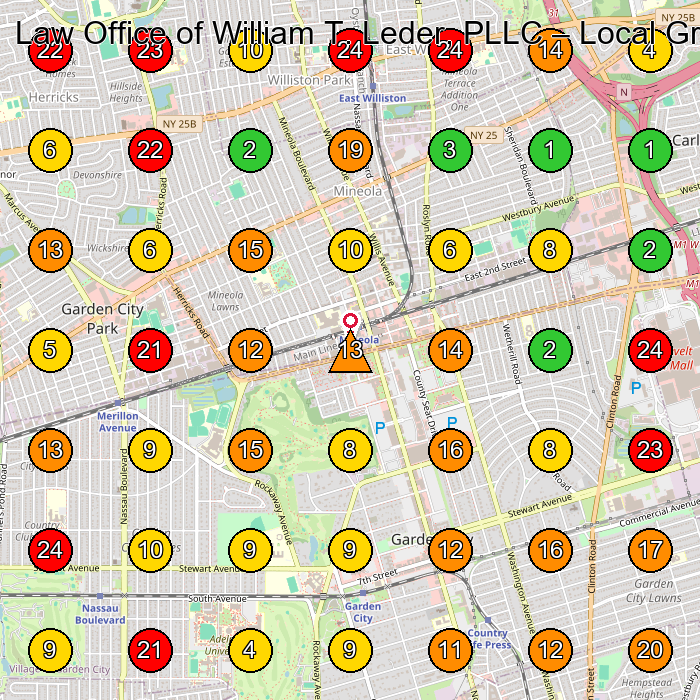 Law Office of William T. Leder, PLLC Personal Injury Attorney GeoGrid ranking map for Mineola NY