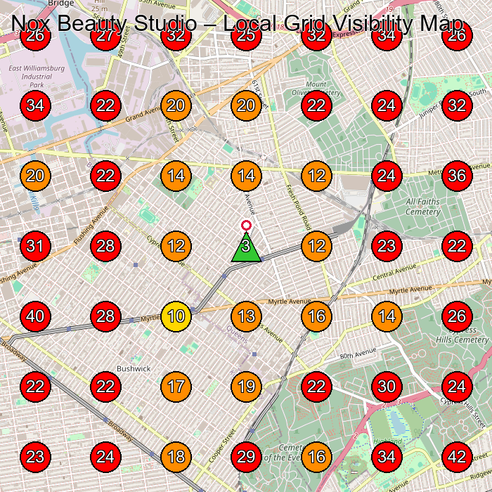 Nox Beauty Studio GeoGrid visibility map for Facial Spa in Ridgewood