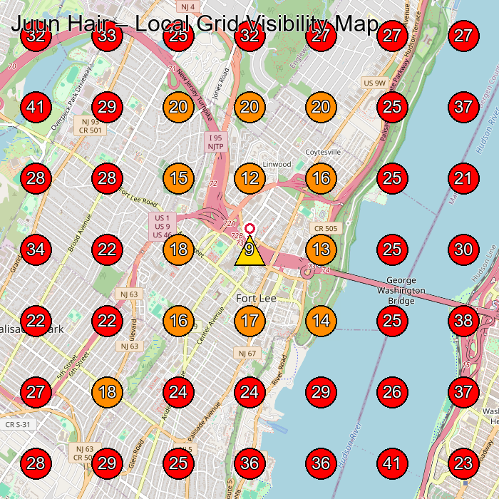 Juun Hair GeoGrid visibility map for Hair Salon in Fort Lee