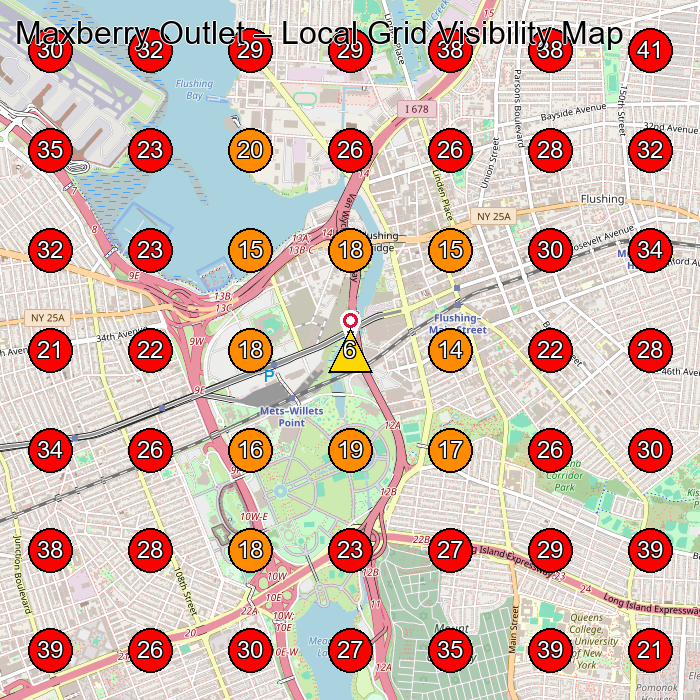 Maxberry Outlet GeoGrid visibility map for Clothing Store in College Point