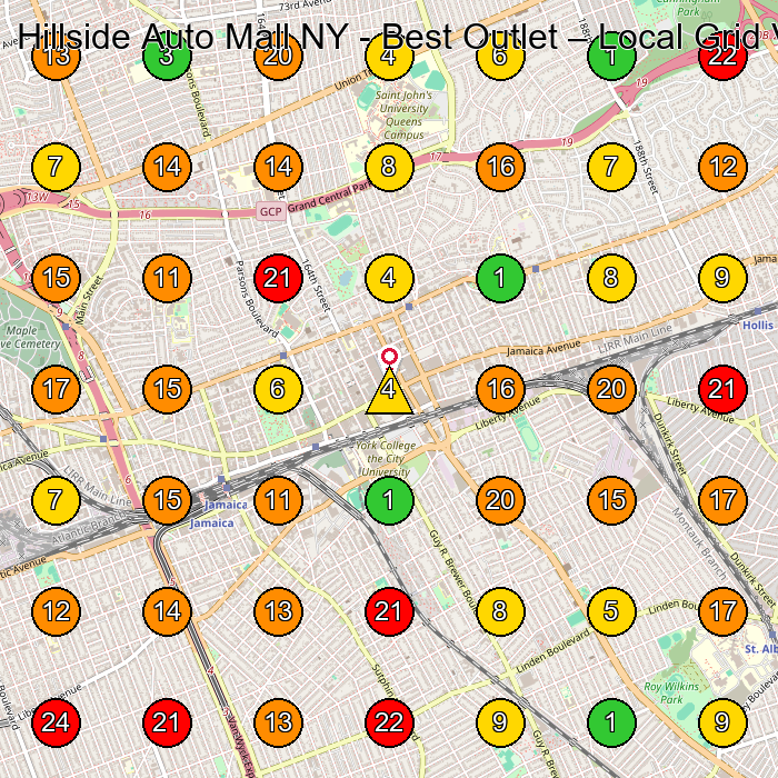 Hillside Auto Mall NY - Best Outlet Used Car Dealer GeoGrid ranking map for Queens NY