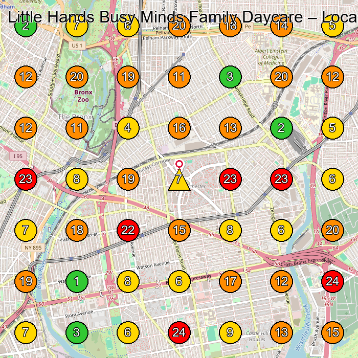 Little Hands Busy Minds Family Daycare Day Care Center GeoGrid ranking map for Bronx NY