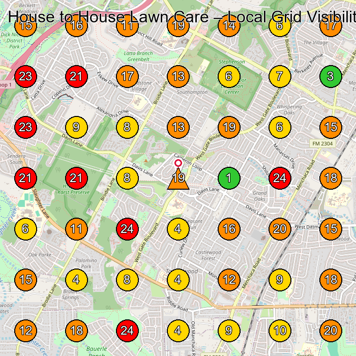 House to House Lawn Care Lawn Care Service GeoGrid ranking map for Austin TX