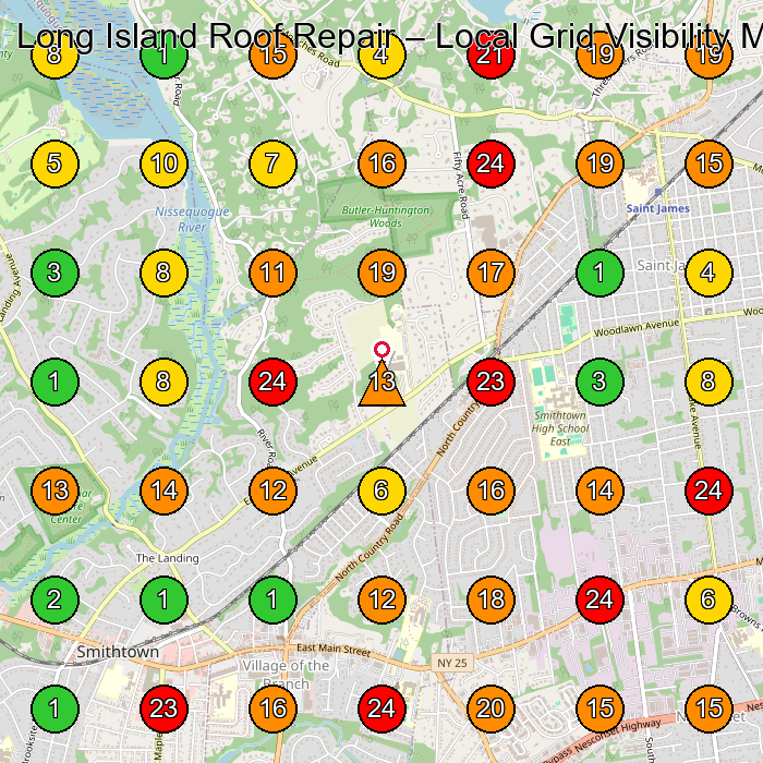 Long Island Roof Repair Roofing Contractor GeoGrid ranking map for St James NY