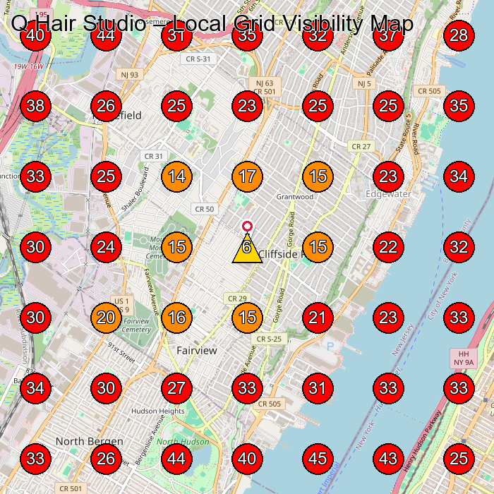 Q Hair Studio GeoGrid visibility map for Beauty Salon in Cliffside Park