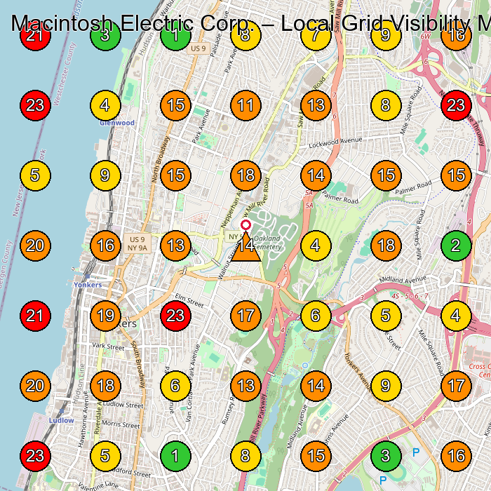 Macintosh Electric Corp. Electrician GeoGrid ranking map for Yonkers NY