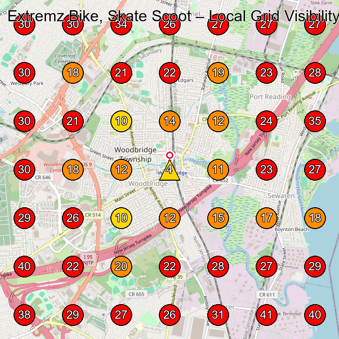 Extremz Bike, Skate Scoot GeoGrid visibility map for Bicycle Store in Highland Park