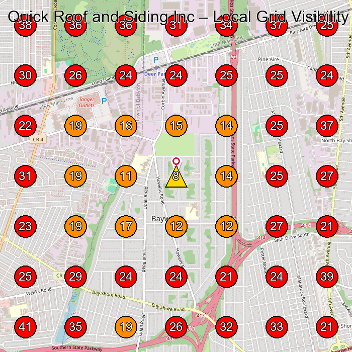 Quick Roof and Siding Inc GeoGrid visibility map for Roofing Supply Store in Deer Park