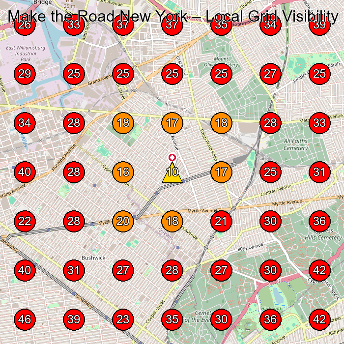 Make the Road New York GeoGrid visibility map for Legal Services in Queens