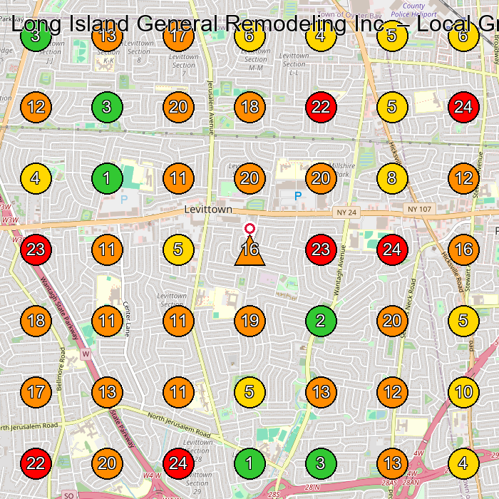 Long Island General Remodeling Inc. General Contractor GeoGrid ranking map for Levittown NY