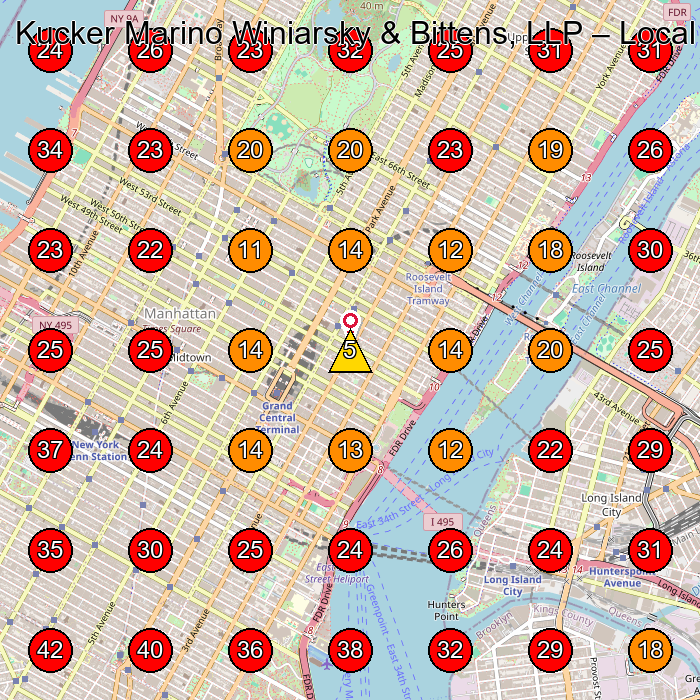 Kucker Marino Winiarsky & Bittens, LLP GeoGrid visibility map for Legal Services in New York