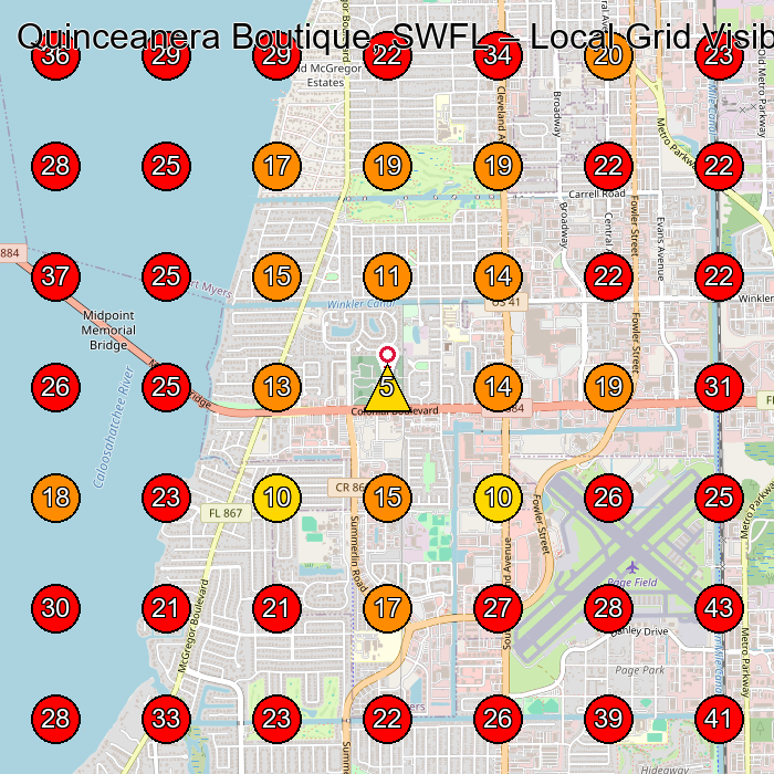 Quinceanera Boutique, SWFL GeoGrid visibility map for Clothing Store in 6900 Daniels Pkwy Unit A-14
