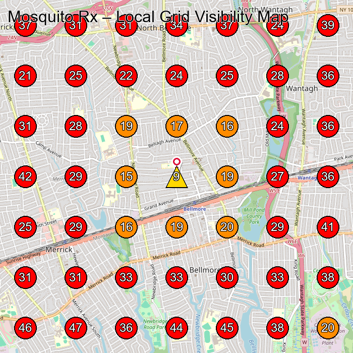 Mosquito Rx GeoGrid visibility map for Lawn Care Service in Amityville