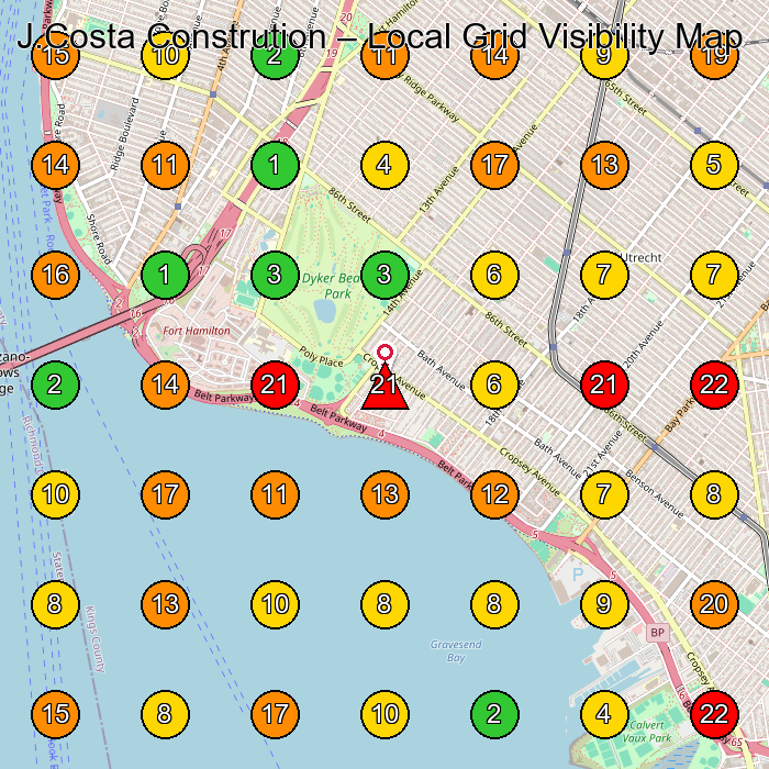 J.Costa Constrution Construction Company GeoGrid ranking map for Brooklyn NY