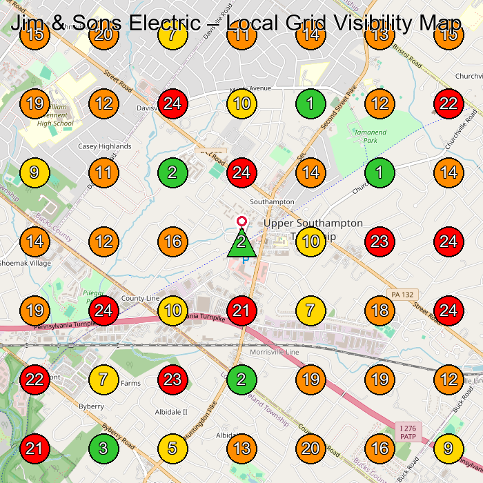 Jim & Sons Electric Electrician GeoGrid ranking map for Southampton PA