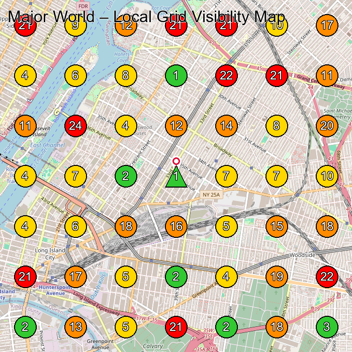 Major World Car Dealer GeoGrid ranking map for Long Island City NY