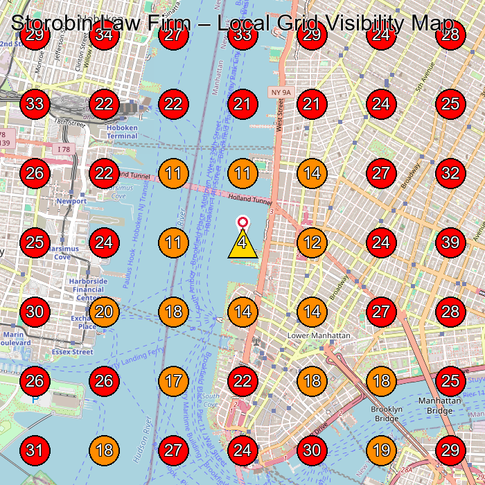Storobin Law Firm GeoGrid visibility map for Lawyer in New York