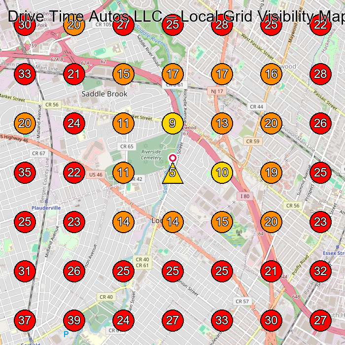 Drive Time Autos LLC GeoGrid visibility map for Used Car Dealer in Lodi