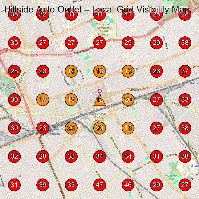 Hillside Auto Outlet GeoGrid visibility map for Used Car Dealer in Queens