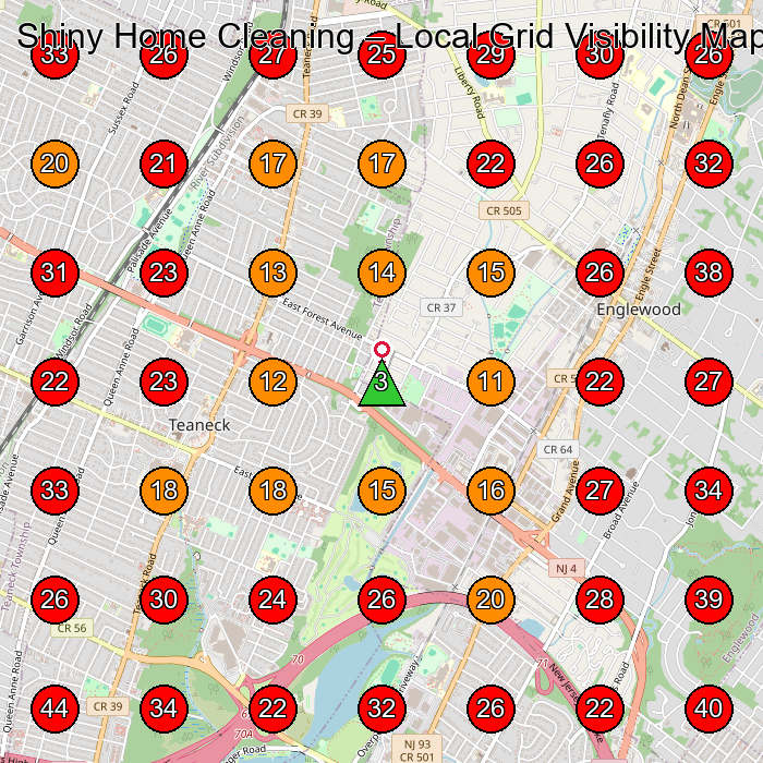 Shiny Home Cleaning GeoGrid visibility map for Cleaning Service in Teaneck
