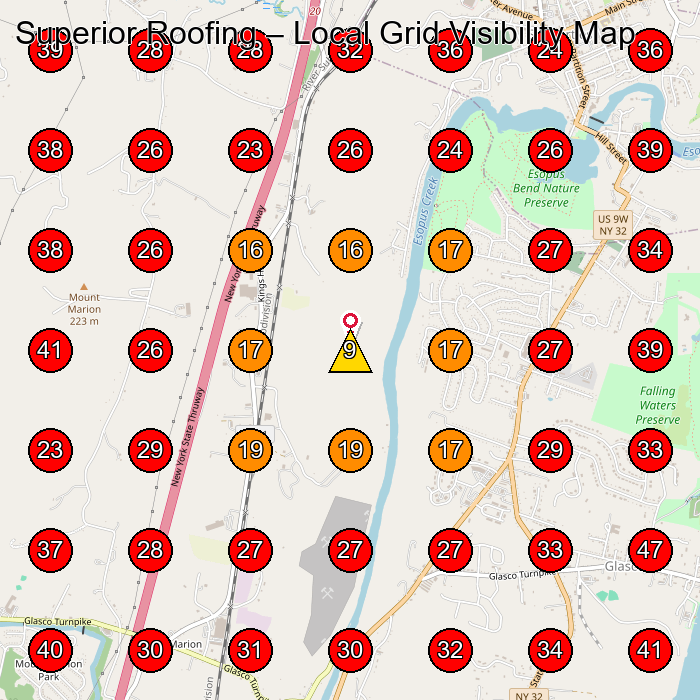 Superior Roofing GeoGrid visibility map for Roofing Contractor in Kingston