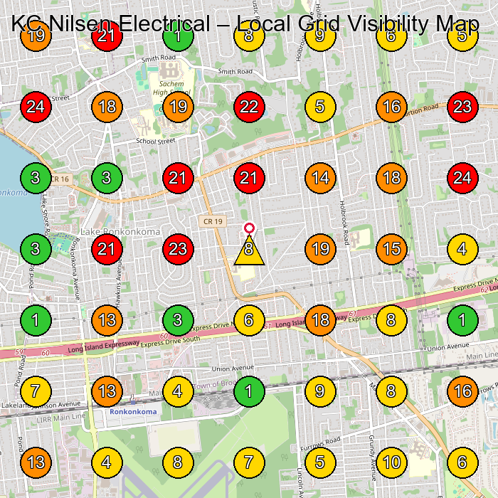 KC Nilsen Electrical Electrician GeoGrid ranking map for Ronkonkoma NY