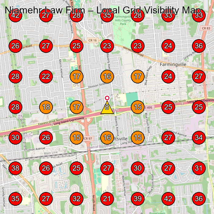 Niamehr Law Firm GeoGrid visibility map for General Practice Attorney in Patchogue