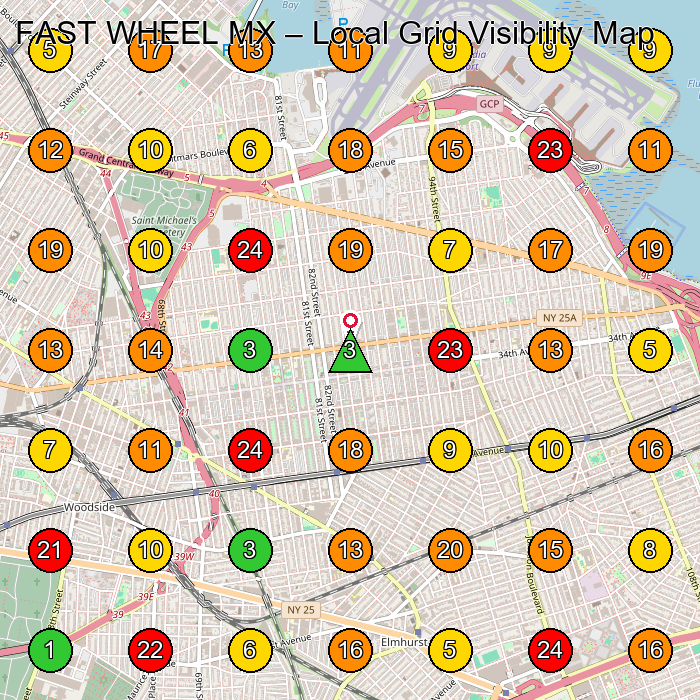FAST WHEEL MX Bicycle Store GeoGrid ranking map for Elmhurst NY