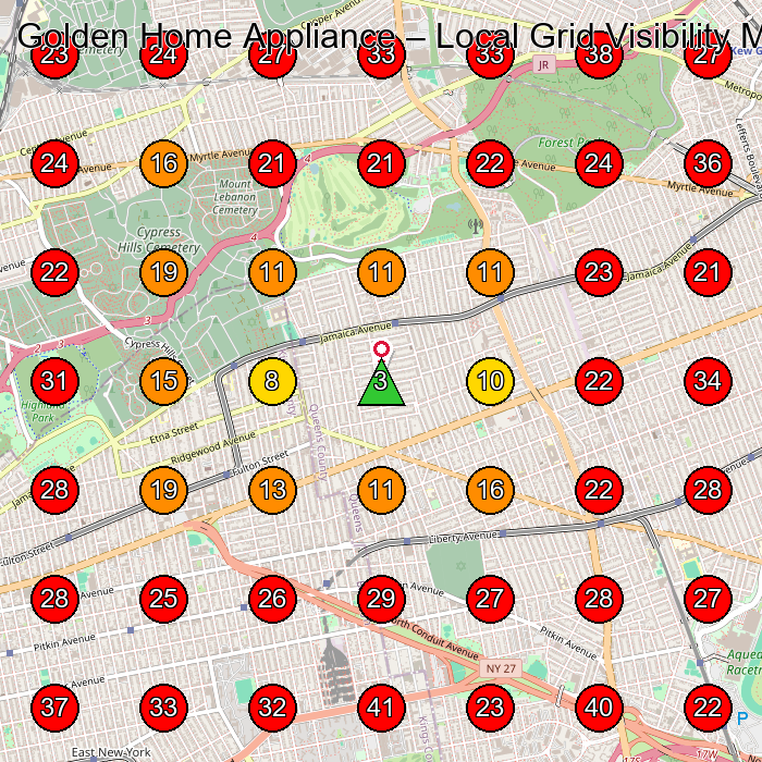 Golden Home Appliance GeoGrid visibility map for Appliance Repair Service in Woodhaven