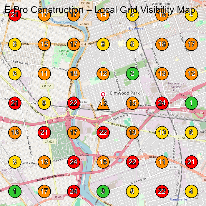 E Pro Construction Masonry Contractor GeoGrid ranking map for Elmwood Park NJ