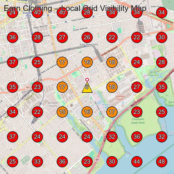 Earn Clothing GeoGrid visibility map for Clothing Store in None