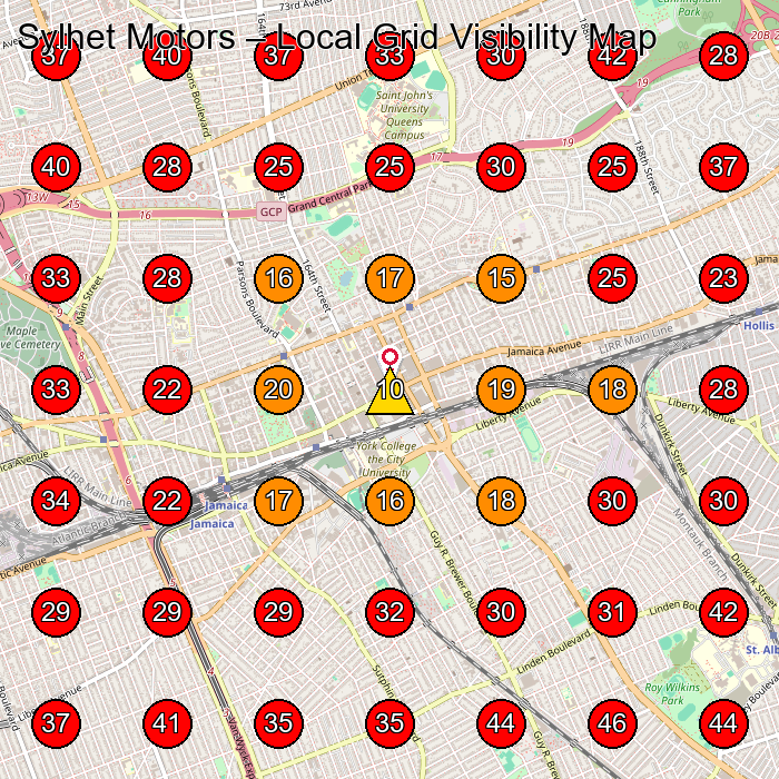 Sylhet Motors GeoGrid visibility map for Used Car Dealer in Jamaica
