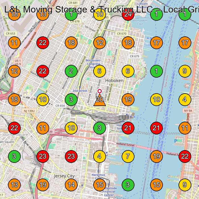 L&L Moving Storage & Trucking LLC Moving And Storage Service GeoGrid ranking map for Hoboken NJ