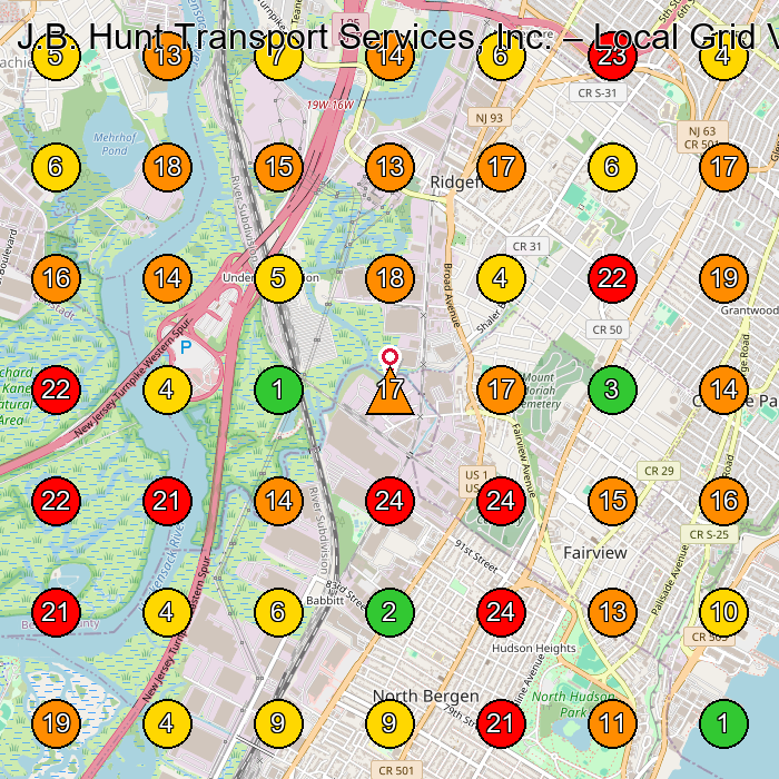 J.B. Hunt Transport Services, Inc. Trucking Company GeoGrid ranking map for North Bergen NJ