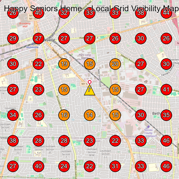 Happy Seniors Home GeoGrid visibility map for Adult Day Care Center in Farmingdale