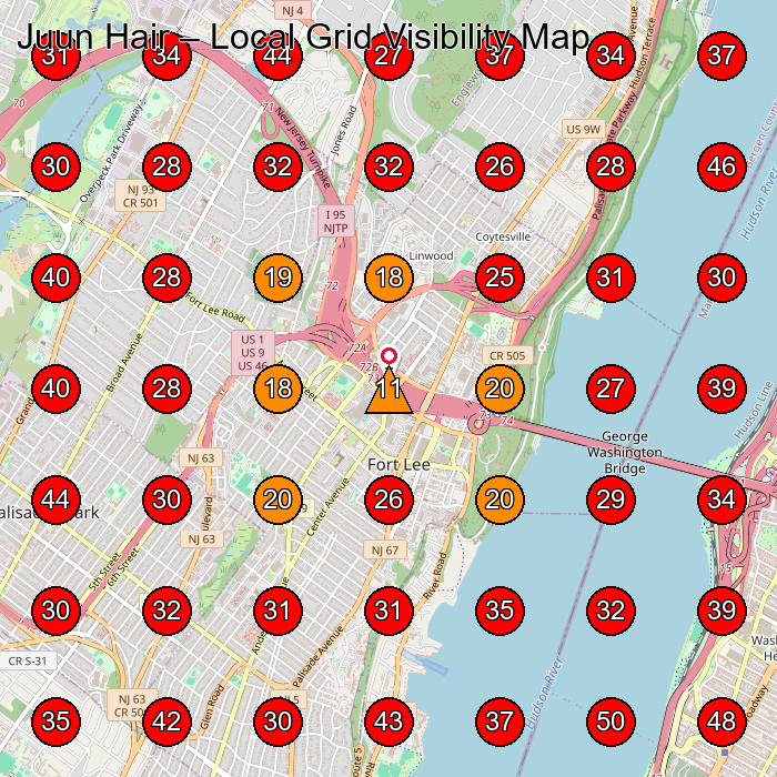 Juun Hair GeoGrid visibility map for Hair Salon in Fort Lee